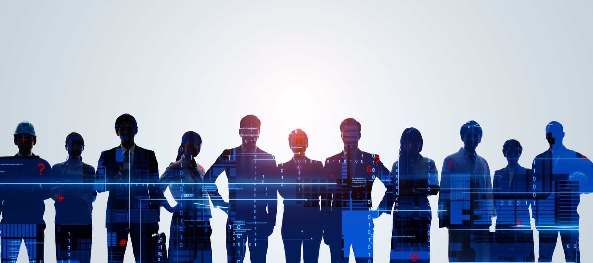 Security team silhouettes against digital data overlay